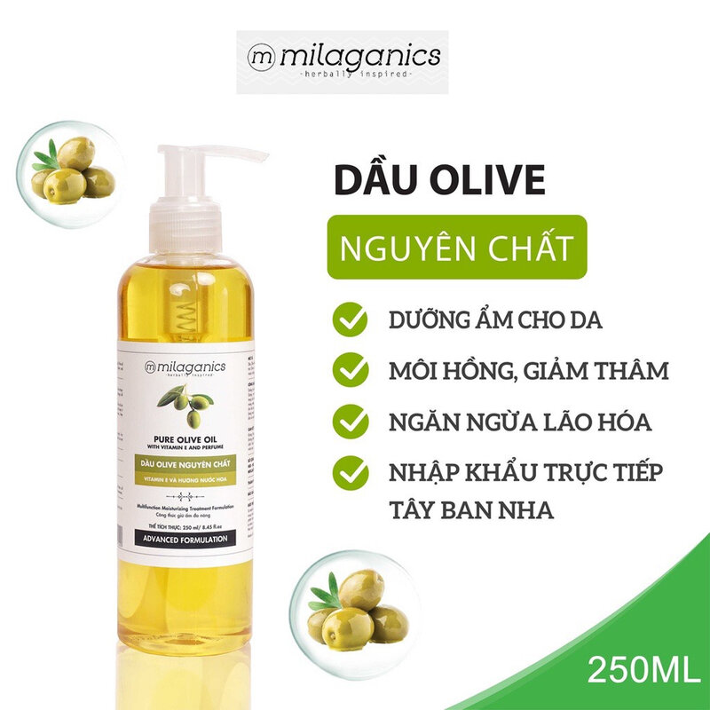 Dầu Olive Milaganics Nguyên Chất Dưỡng Da, Dưỡng Tóc 250ml