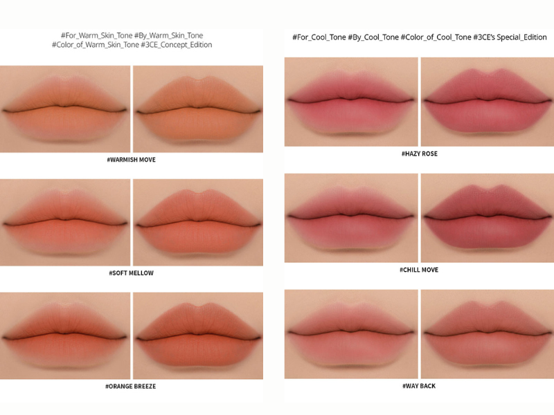 bảng màu Son Thỏi 3CE Soft Matte Lipstick (Warm&Cool Edition)