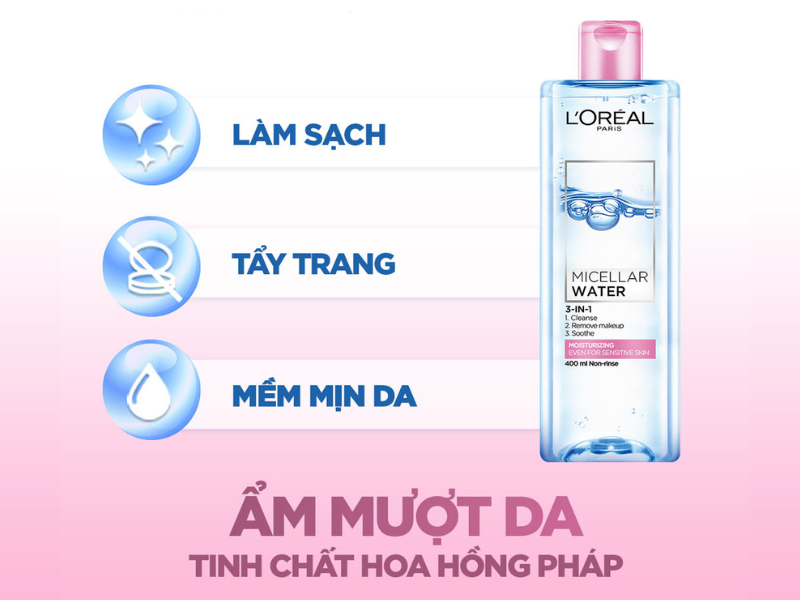 tẩy trang L'Oréal Paris Micellar Water 3-in-1 Moisturizing Even For Sensitive Skin (hồng)