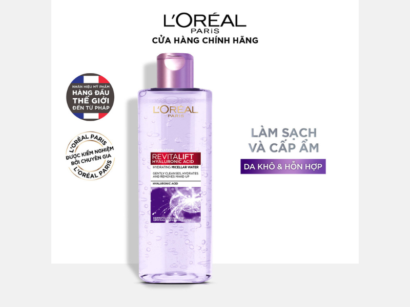 tẩy trang L'Oréal Revitalift Hyaluronic Acid Hydrating Micellar Water (tím)