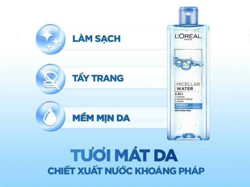 tẩy trang L'Oréal Paris Micellar Water 3-in-1 Refreshing Even For Sensitive Skin (xanh dương nhạt)