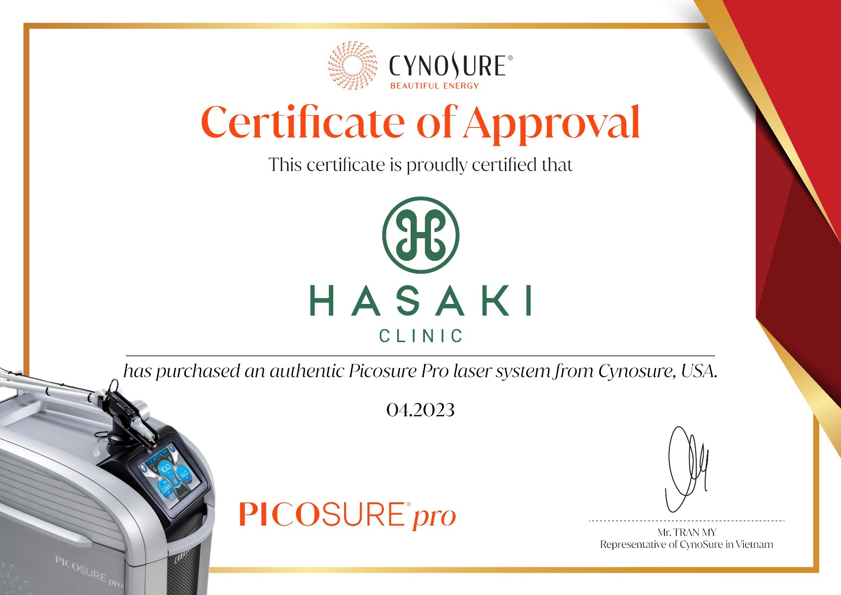 Chứng nhận Hasaki Clinic sở hữu công nghệ Picosure Pro