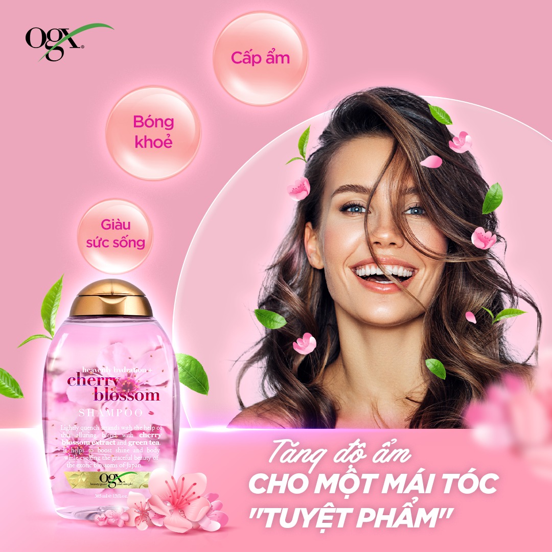 Dầu Gội OGX Heavenly Hydration + Cherry Blossom Shampoo Cấp Ẩm Cho Tóc 385ml
