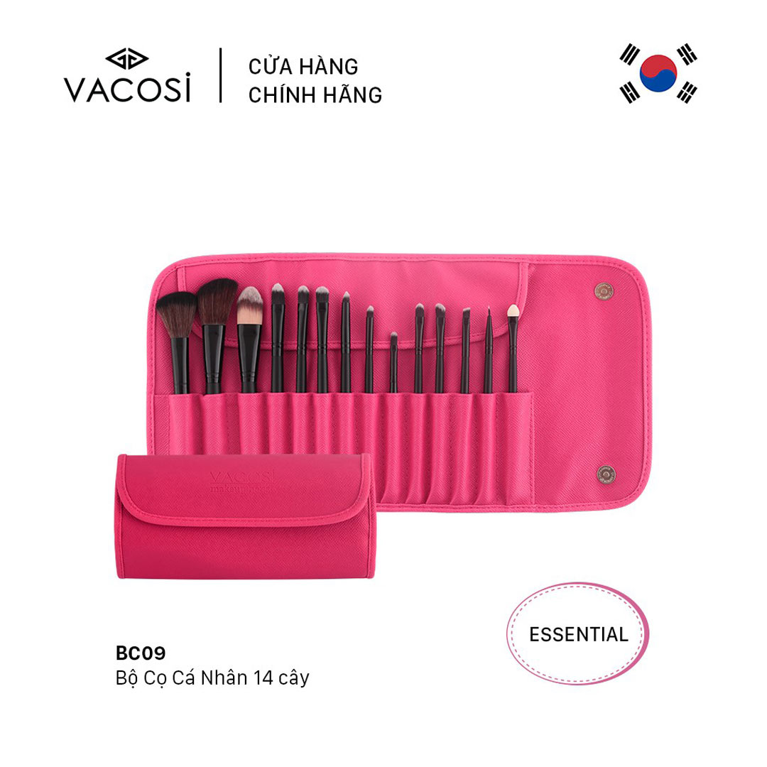 Bộ Cọ Trang Điểm Vacosi Essential Brush Set BC09 14 Cây (Bóp Da Hồng)