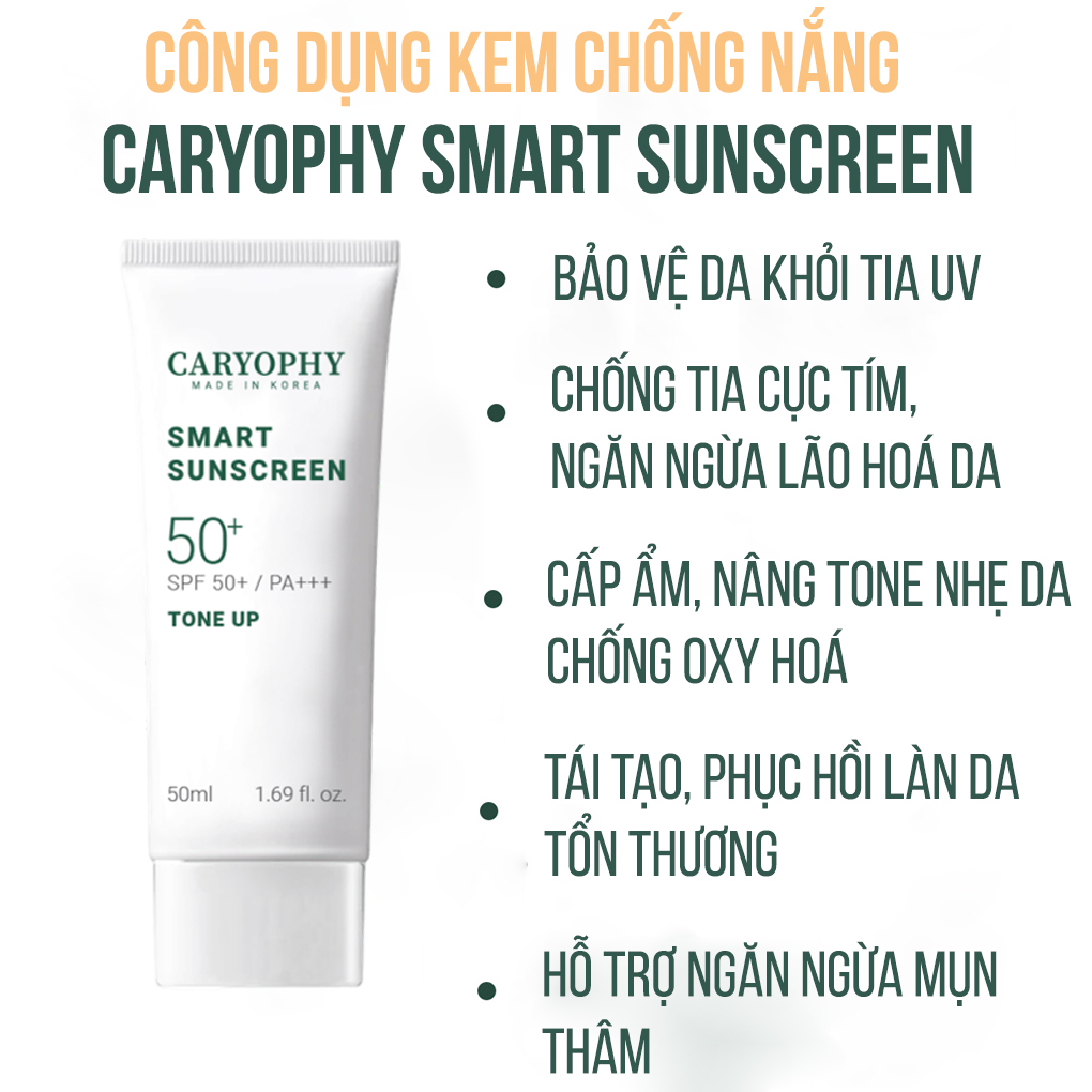 Kem Chống Nắng Caryophy Smart Sunscreen Tone Up SPF50+ PA+++  giúp bảo vệ da khỏi tia UV, đồng thời nâng tone và ngừa mụn.