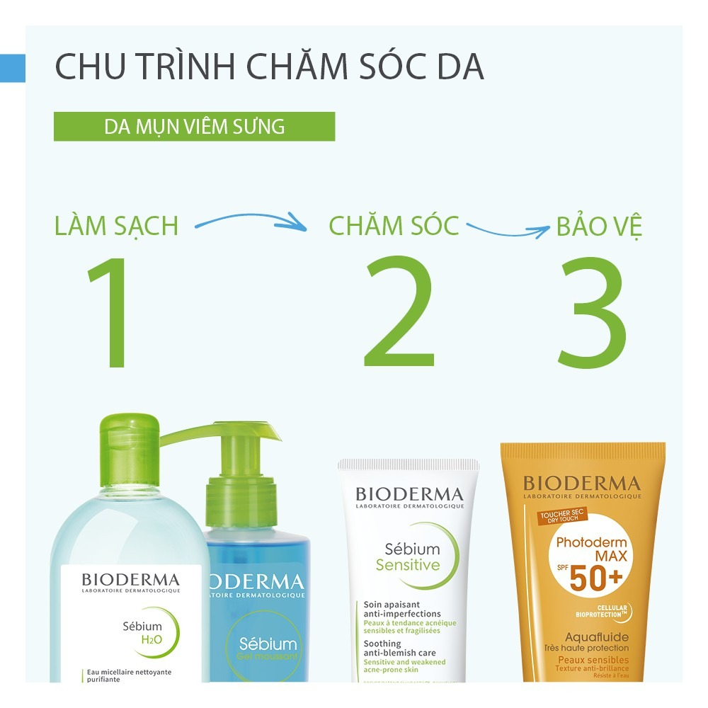Chu trình chăm sóc da với Kem Dưỡng Ẩm Dành Cho Da Mụn, Nhạy Cảm Bioderma Sebium Sensitive Soothing Anti-Blemish Care 30ml.