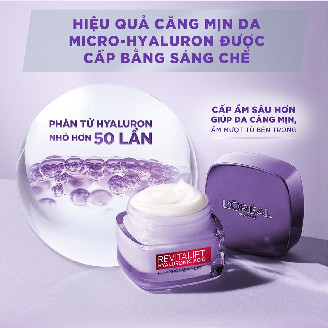 Kem Dưỡng L'Oréal Paris Revitalift Hyaluronic Acid Plumping Day Cream với sự kết hợp không chỉ 1 mà đến 2 loại Hyaluronic Acid ưu việt ở nồng độ cao nhất, giúp hỗ trợ làm đầy các nếp nhăn và tái tạo làn da căng mọng.