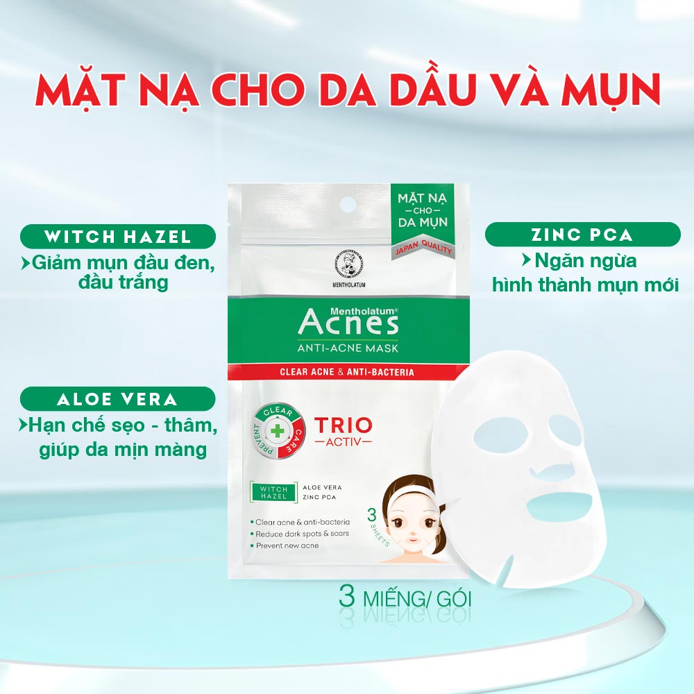 Mặt Nạ Acnes Anti-Acne Mask giúp kháng khuẩn, ngăn ngừa mụn, đồng thời nuôi dưỡng làn da mịn màng.