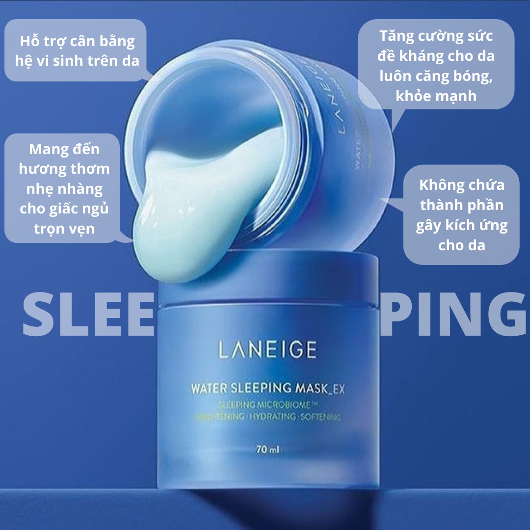 Mặt Nạ Ngủ LANEIGE Water Sleeping Mask_EX 2021 với công nghệ Sleeping Micro Biome™ & Pro-Biotics Complex giúp dưỡng ẩm và tăng khả năng tự vệ của da.