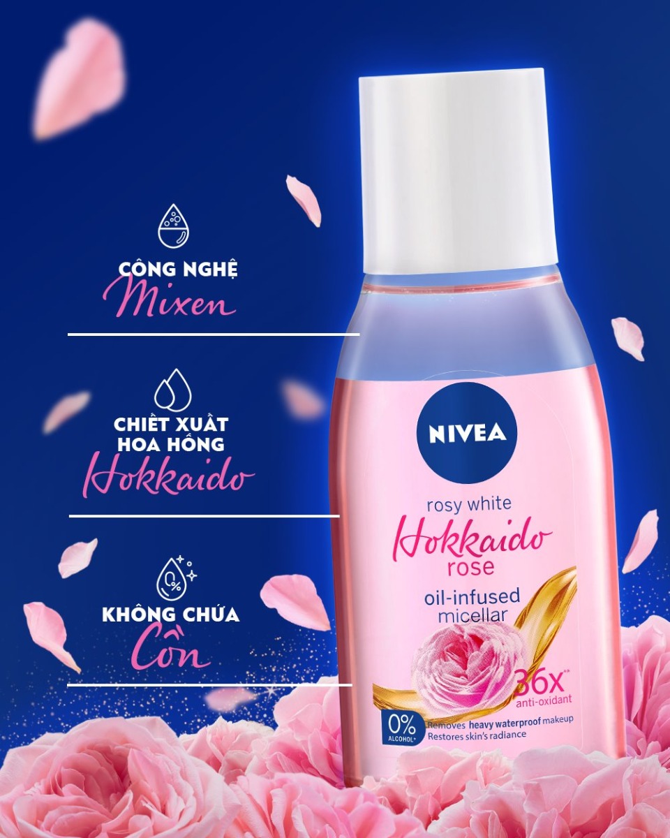 Nước Tẩy Trang Nivea Rosy White Hokkaido Rose Oil-Infused Micellar chống oxy hóa gấp 36 lần