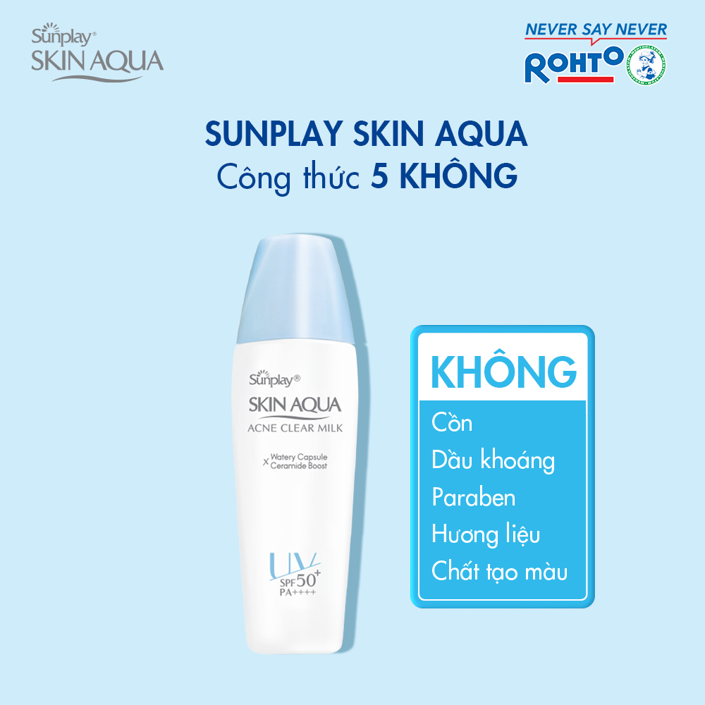 Sữa Chống Nắng Sunplay Skin Aqua Acne Clear Milk SPF50+ PA++++ Chuẩn chống nắng an toàn: Không chứa cồn, dầu khoáng, paraben, hương liệu và chất tạo màu. dịu nhẹ cho da nhạy cảm, không gây khô da.