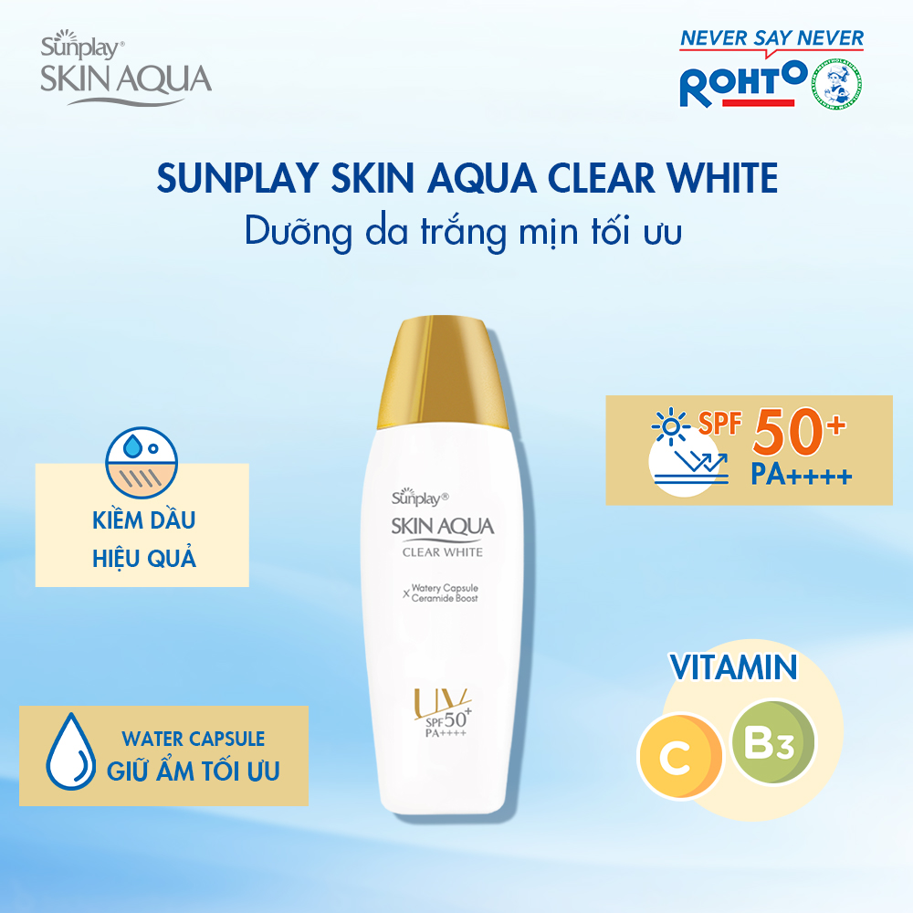 Sữa Chống Nắng Sunplay Skin Aqua Clear White SPF50+ PA++++ chống nắng và giữ ẩm cho da toàn diện.