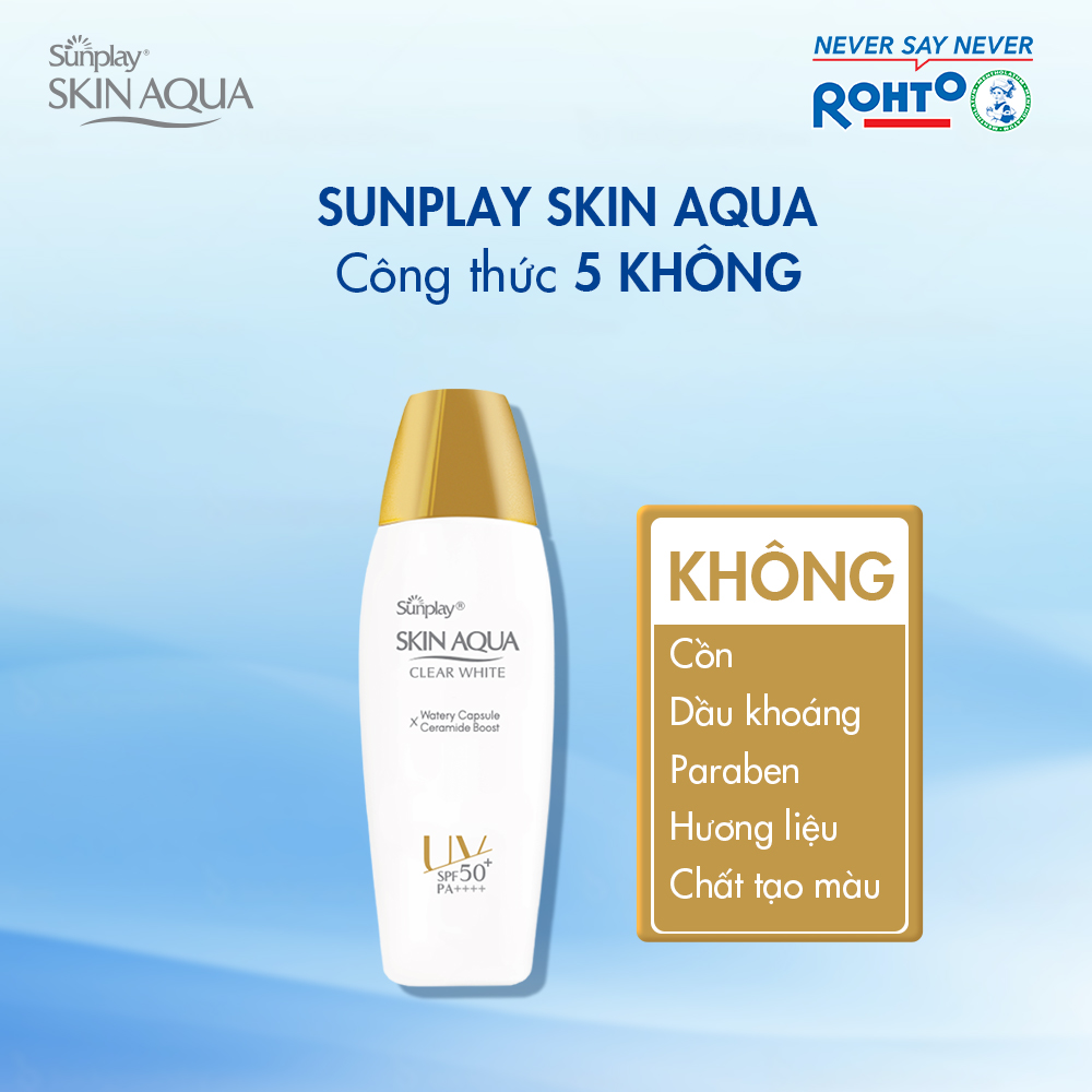 Sữa Chống Nắng Sunplay Skin Aqua Clear White SPF50+ PA++++ với công thức 5 KHÔNG: cồn, dầu khoáng, paraben, hương liệu, chất tạo màu.