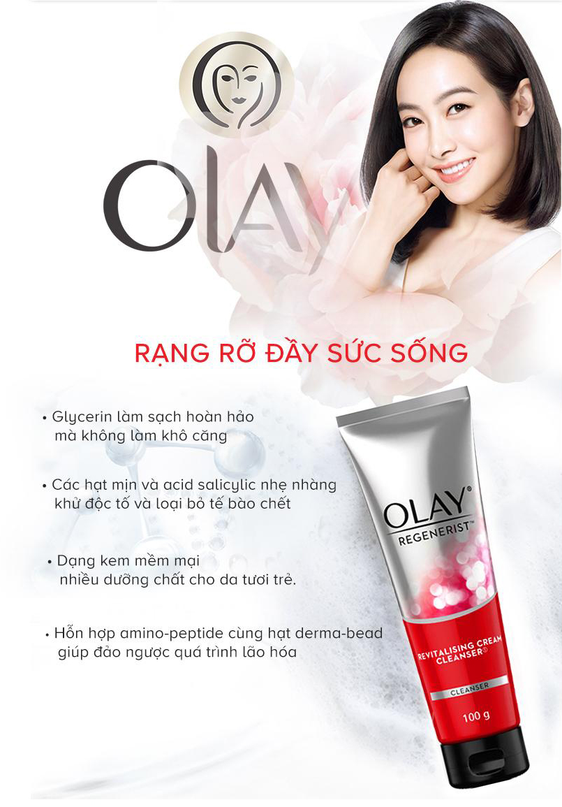 Sữa Rửa Mặt Olay Regenerist Ngừa Lão Hóa chứa Glycerin và hỗn hợp Amino Peptide dưỡng da ẩm mịn hoàn hảo