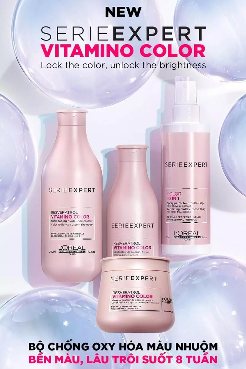 Sử dụng trọn bộ sản phẩm L’Oréal Professionnel Serie Expert Vitamino Color để đạt hiệu quả giữ màu nhuộm tối ưu nhất.