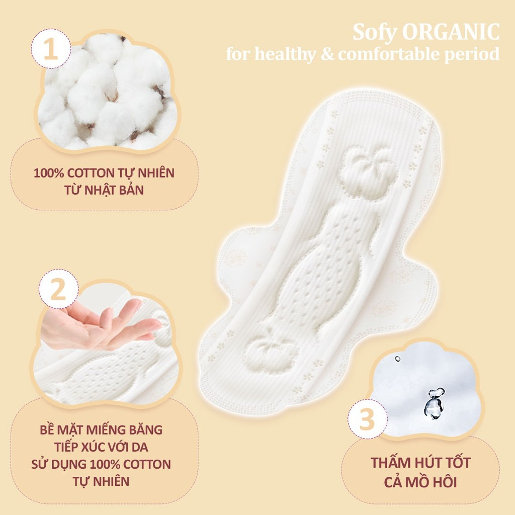 Băng Vệ Sinh Sofy Organic Siêu Mỏng Có Cánh được làm từ 100% cotton tự nhiên từ Nhật Bản, an toàn cho làn da.