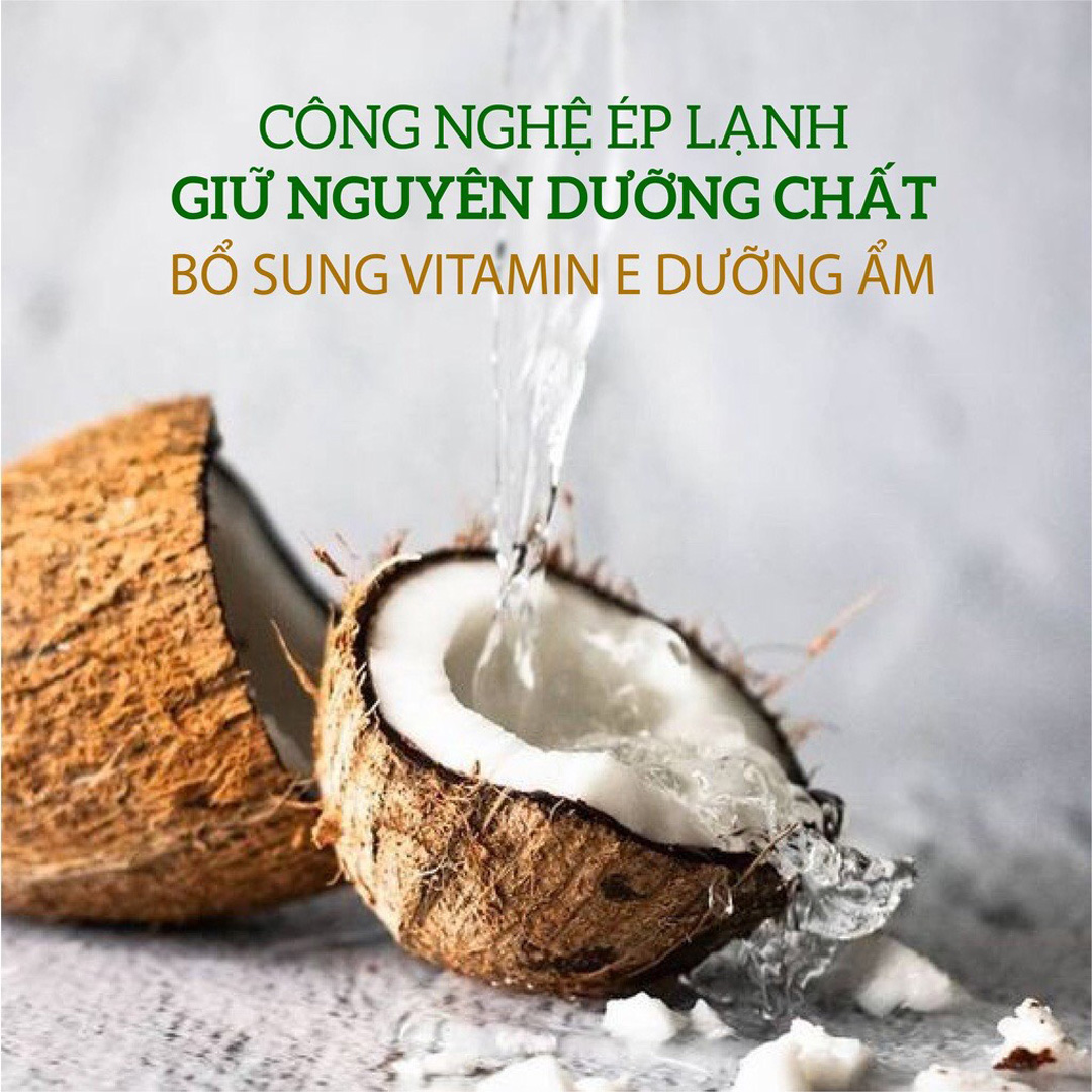Dầu Dừa Tinh Khiết Vitamin E Milaganics được sản xuất bằng công nghệ ép lạnh hiện đại được sản xuất từ 100% cơm dừa tươi nguyên chất bằng công nghệ ép lạnh, bổ sung thêm hàm lượng vitamin E dưỡng ẩm da.