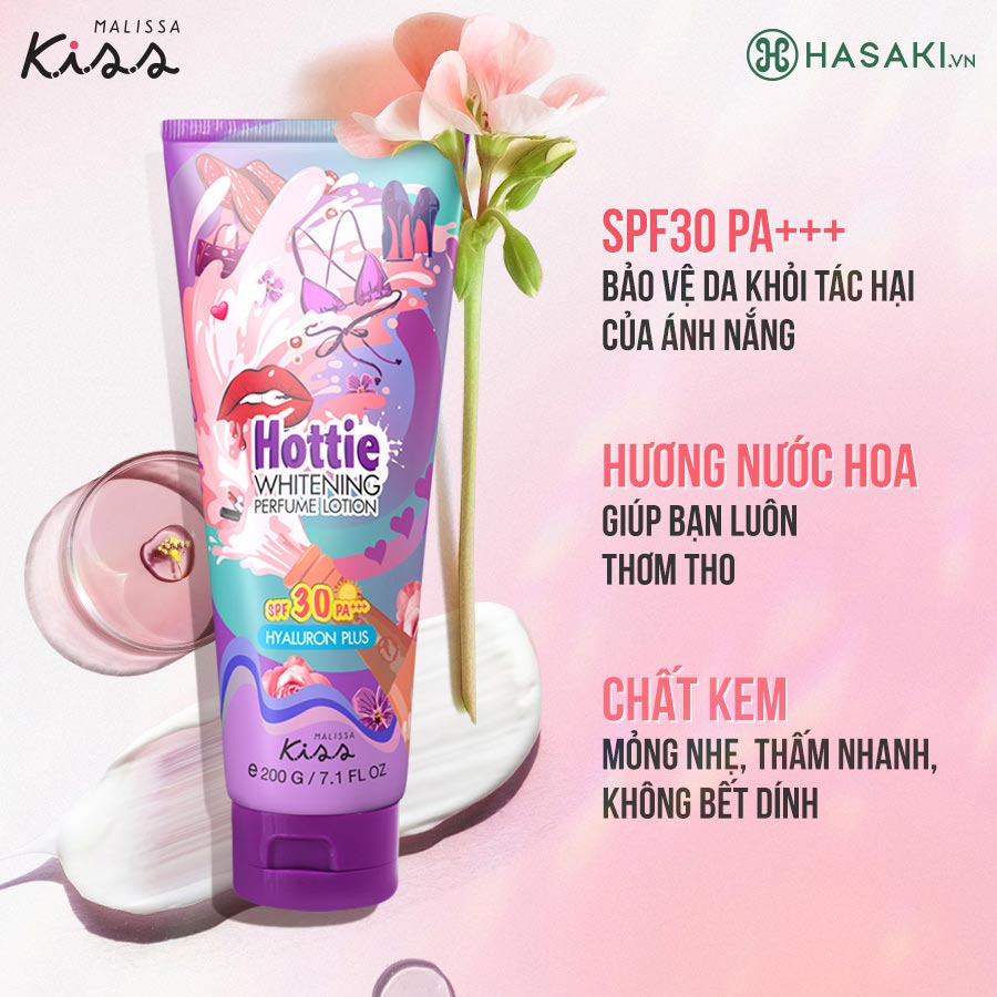 Kem Dưỡng Thể Malissa Kiss Whitening Perfume Lotion với chỉ số chống nắng SPF30 PA+++ giúp bảo vệ làn da khỏi tác hại của tia UV.
