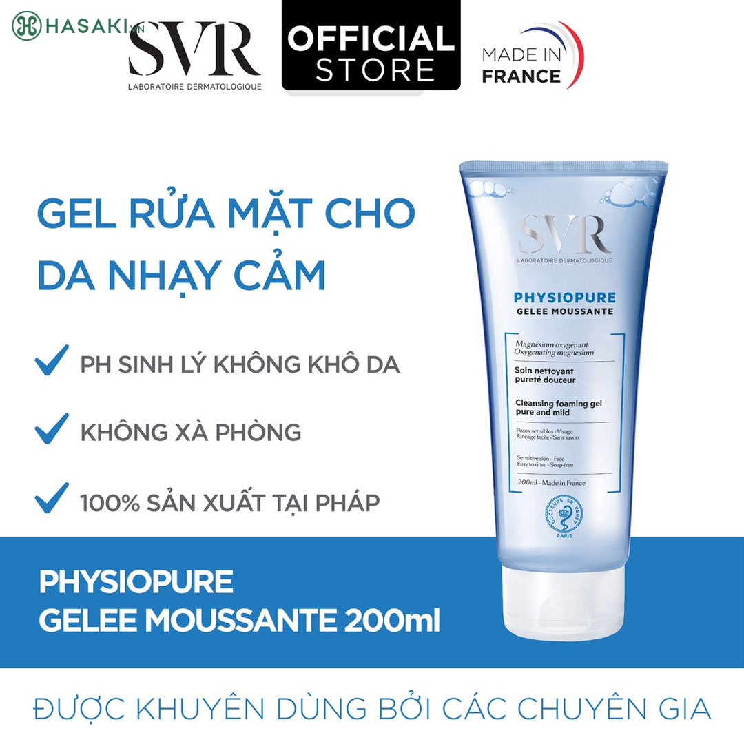 Gel rửa mặt SVR Physiopure Gelée Moussante không chứa xà phòng cho da nhạy cảm.