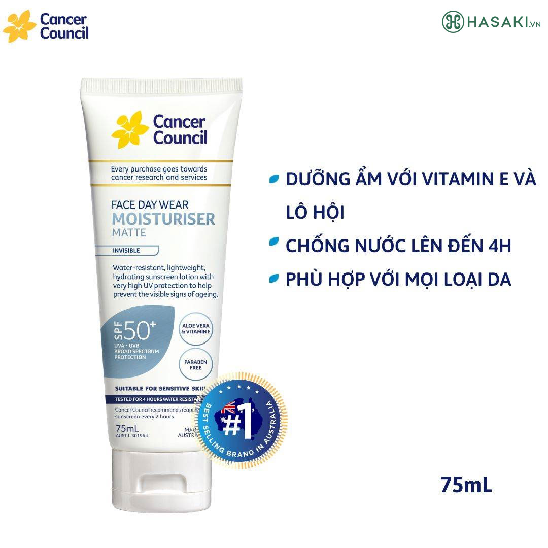 Kem Chống Nắng Cancer Council Face Day Wear Moisturizer Matte SPF50+ chống nước, dưỡng ẩm và nuôi dưỡng làn da.