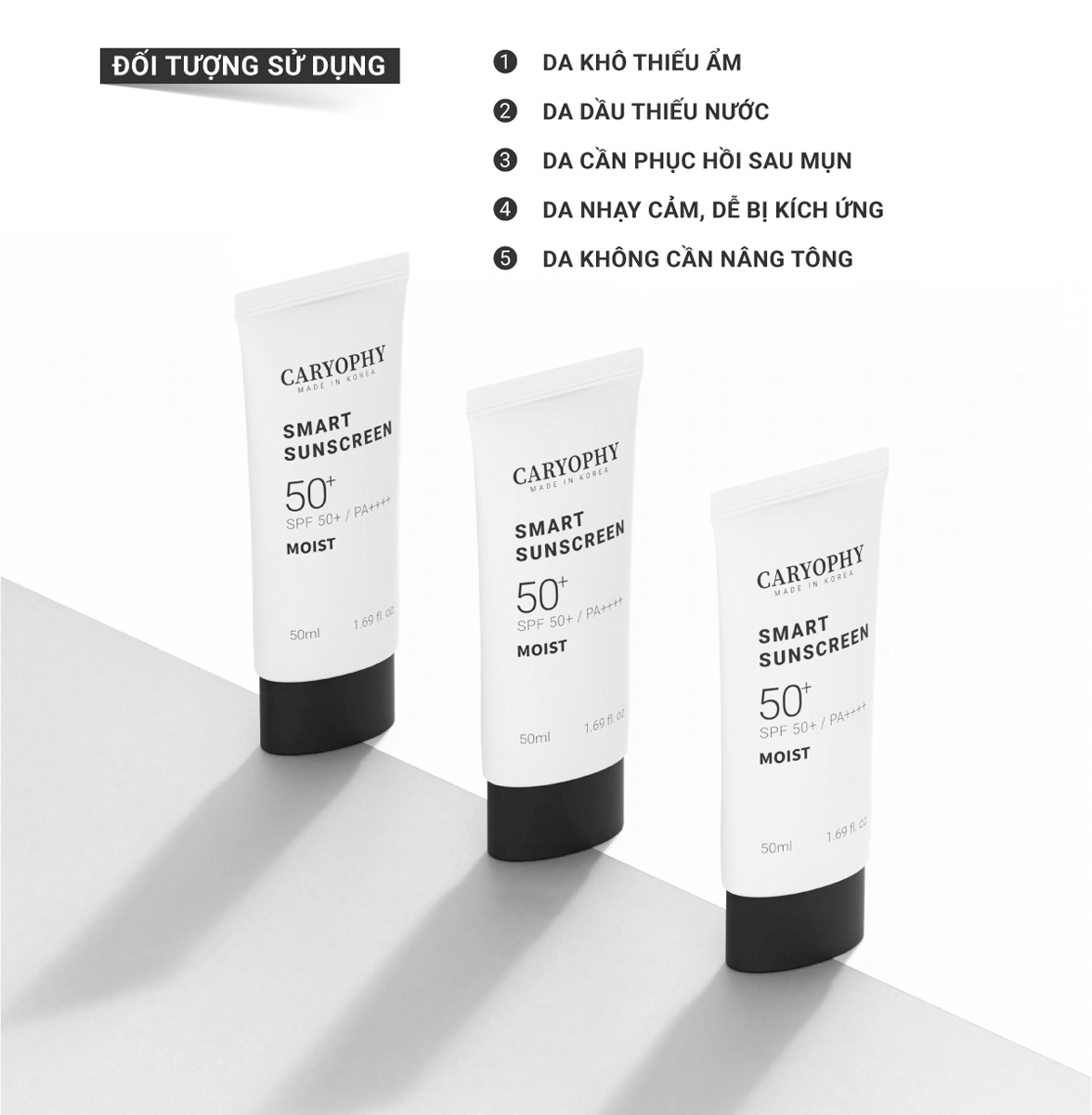 Kem Chống Nắng Caryophy Smart Moist Sunscreen SPF 50+ / PA++++ 50ml phù hợp cho mọi loại da, kể cả da mụn và da nhạy cảm.