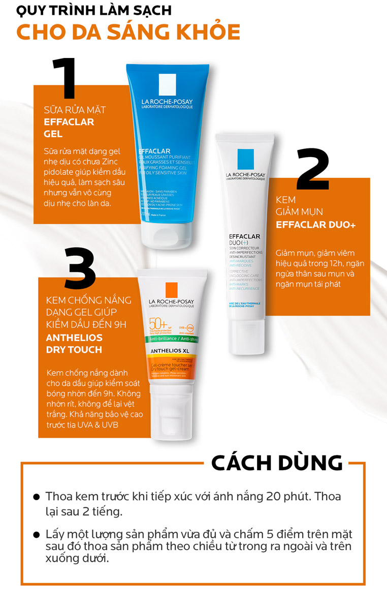 Sử dụng Kem Chống Nắng La Roche-Posay Anthelios Dry Touch SPF 50+ UVB & UVA mỗi ngày để bảo vệ da tối ưu.