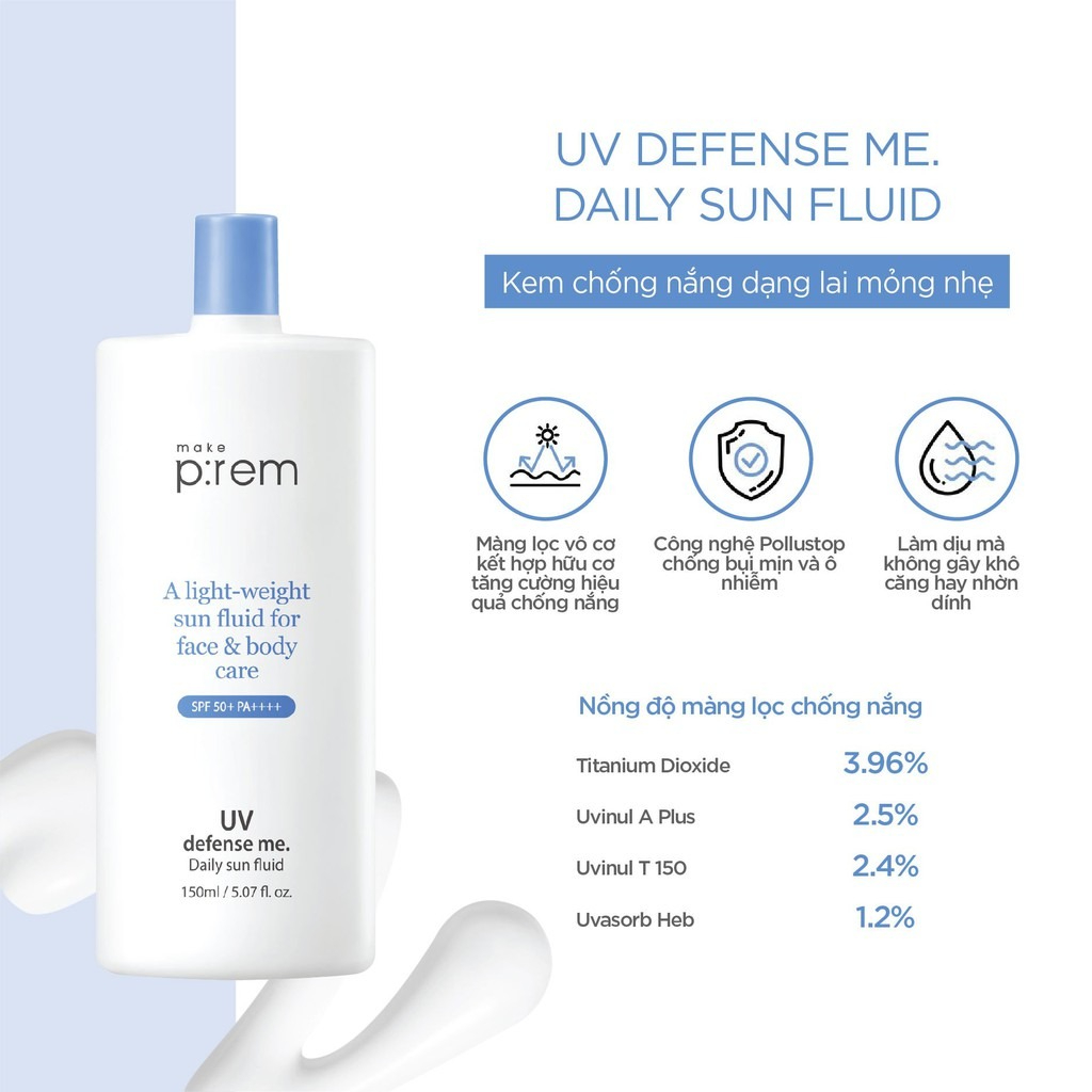 Kem Chống Nắng Make P:rem UV Defense Me. Daily Sun Fluid với sự kết hợp giữa màng lọc vô cơ và hữu cơ, đảm bảo làn da luôn được bảo vệ khỏi tác hại của tia UVA lẫn UVB.