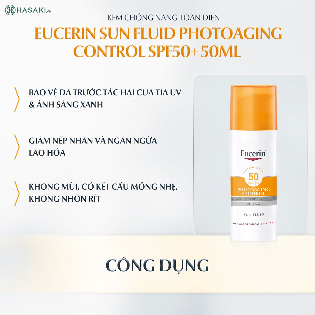 Kem chống nắng giảm nếp nhăn và ngăn ngừa lão hóa Eucerin Sun Fluid Photoaging Control SPF 50 hiện đã có mặt tại Hasaki.