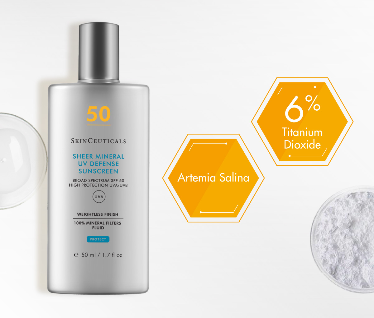 Kem Chống Nắng SkinCeuticals Sheer Mineral UV Defense SPF50 sử dụng 100% màng lọc vật lý phổ rộng giúp bảo vệ da tối ưu trước tia UV
