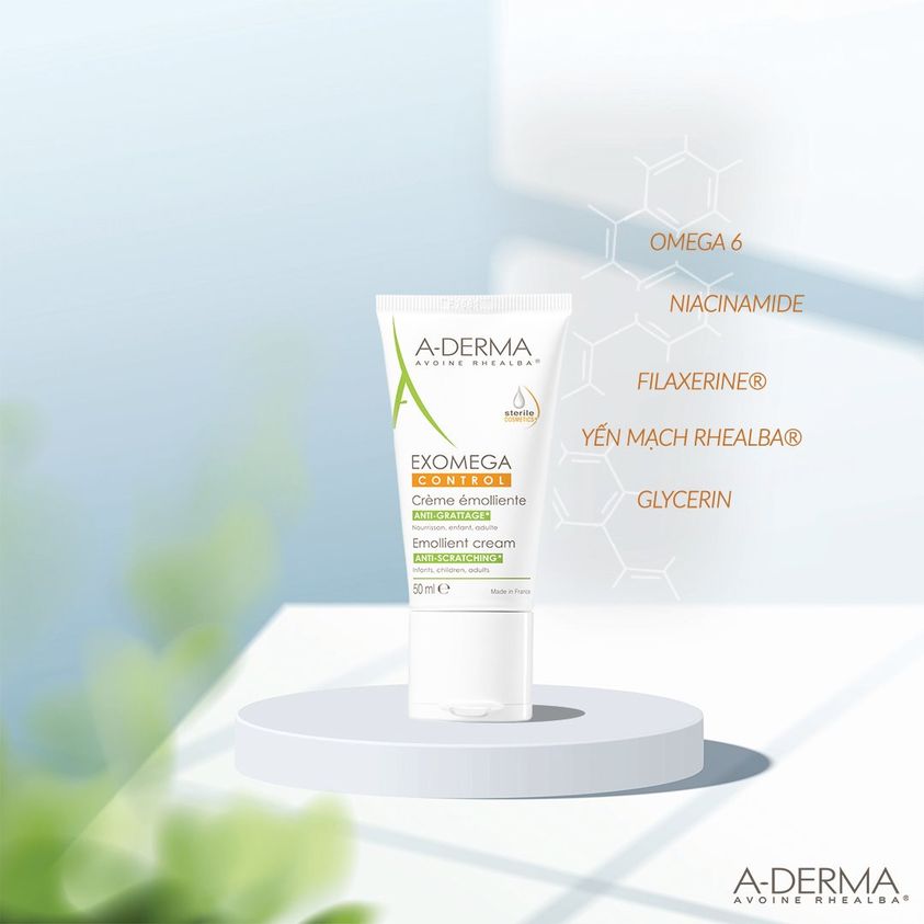 Kem dưỡng ẩm A-Derma Exomega Control Emollient Cream chứa chiết xuất Yến Mạch làm dịu da, giảm kích ứng.