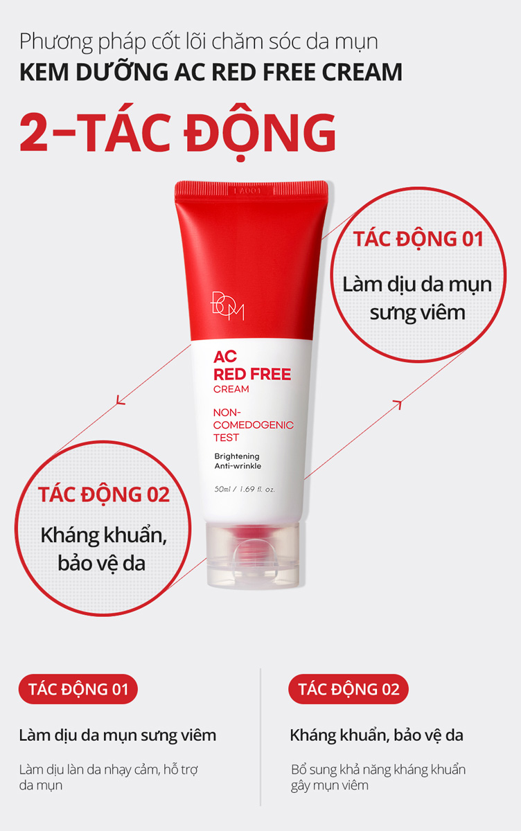 Kem Dưỡng B.O.M AC Red Free Cream 2 tác động chăm sóc da mụn: làm dịu da mụn sưng viêm và kháng khuẩn, bảo vệ da.