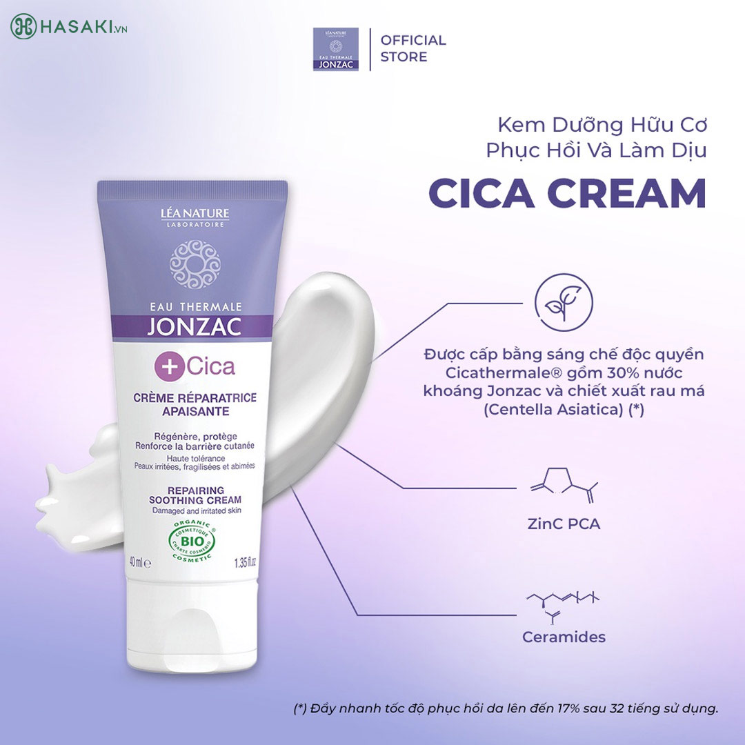 Kem Dưỡng Eau Thermale Jonzac Cica Cream được cấp bằng sáng chế độc quyền Cicathermale với khả năng giúp phục hồi và làm dịu da tối ưu lên đến 17% sau 32 tiếng sử dụng.