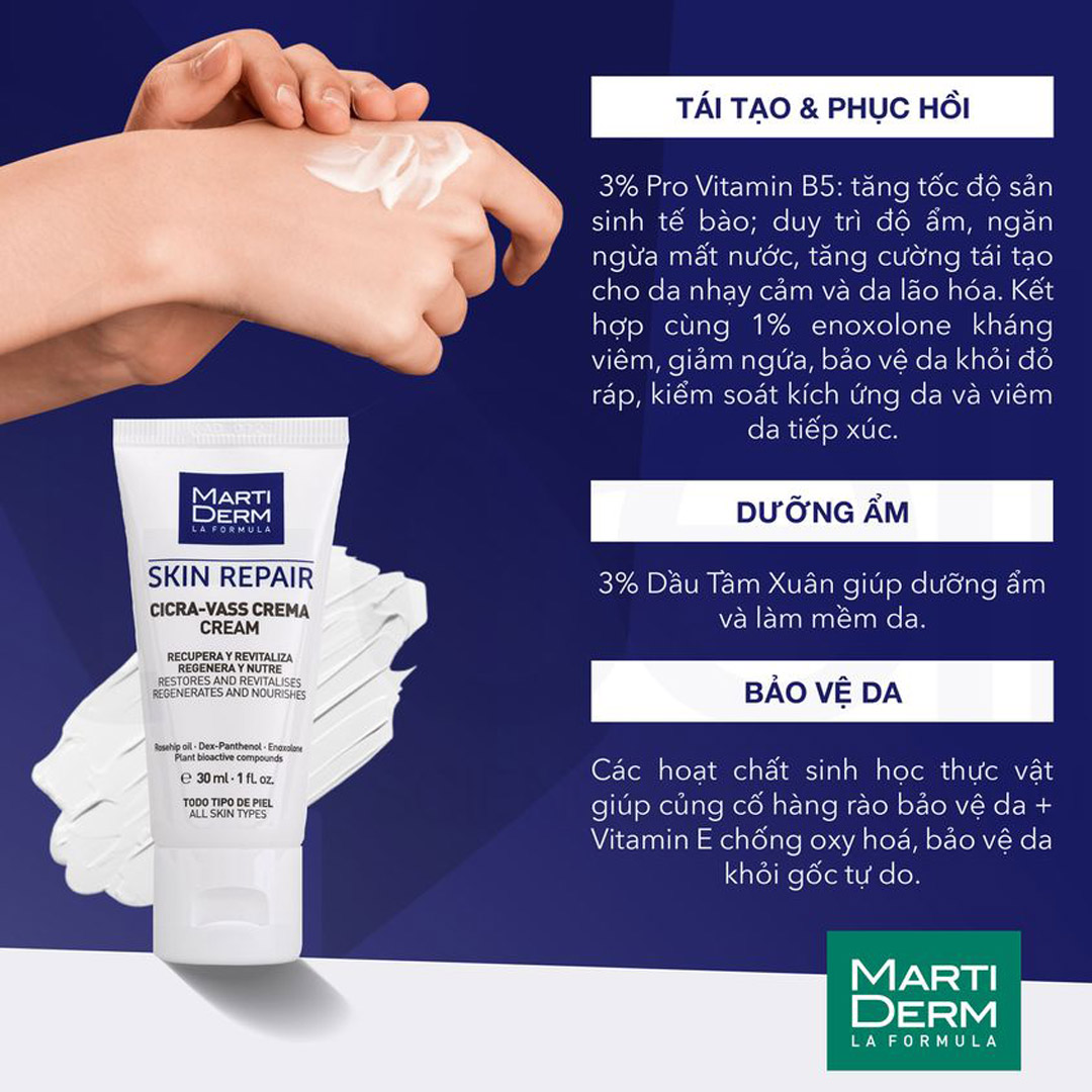 Kem Dưỡng Tái Tạo & Phục Hồi Da Nhạy Cảm Skin MartiDerm Repair Cicra Vass Cream 30ml