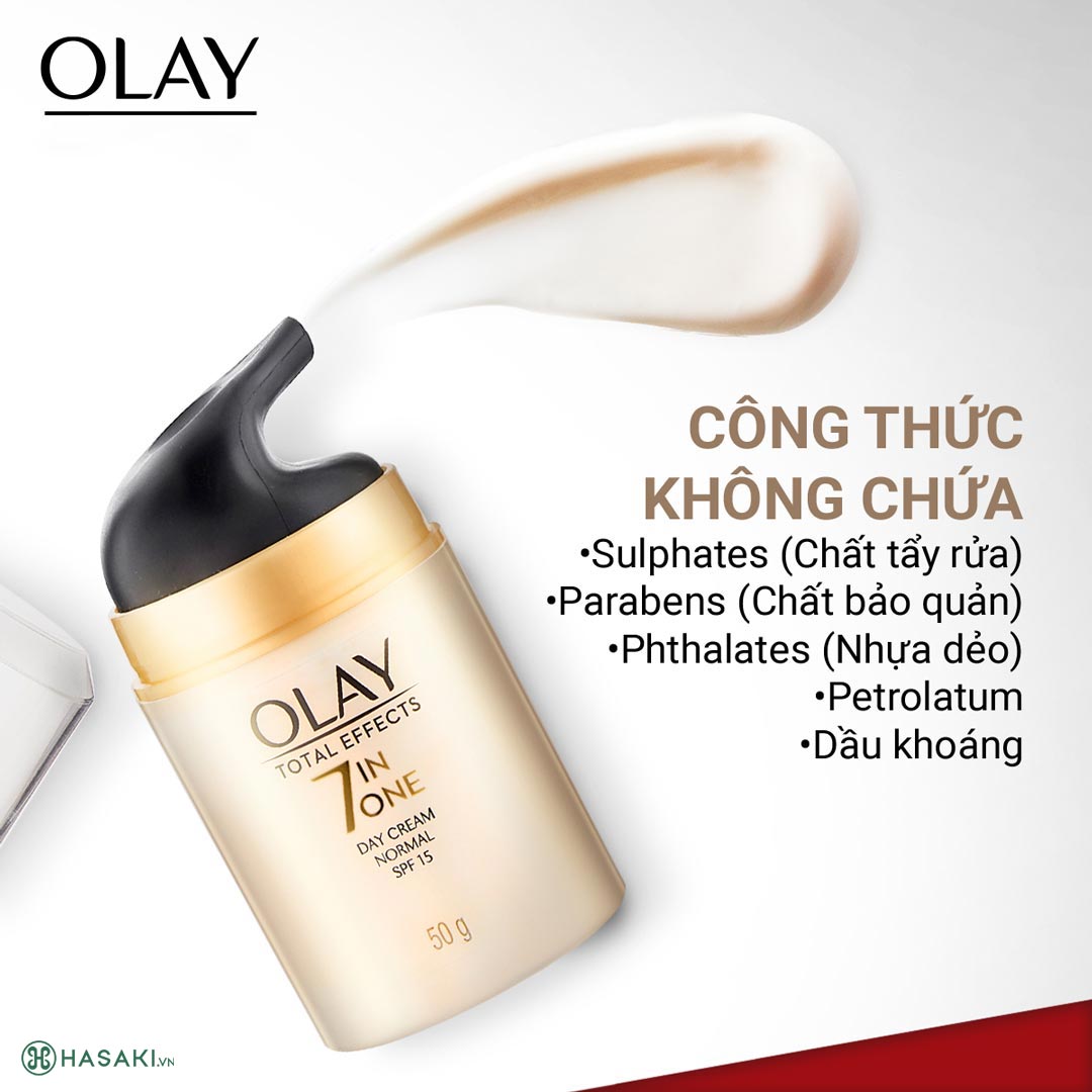 Kem Dưỡng Olay Total Effects không chứa các thành phần có khả năng gây hại đến làn da như: sulfates, parabens, phthalates, dầu khoáng.