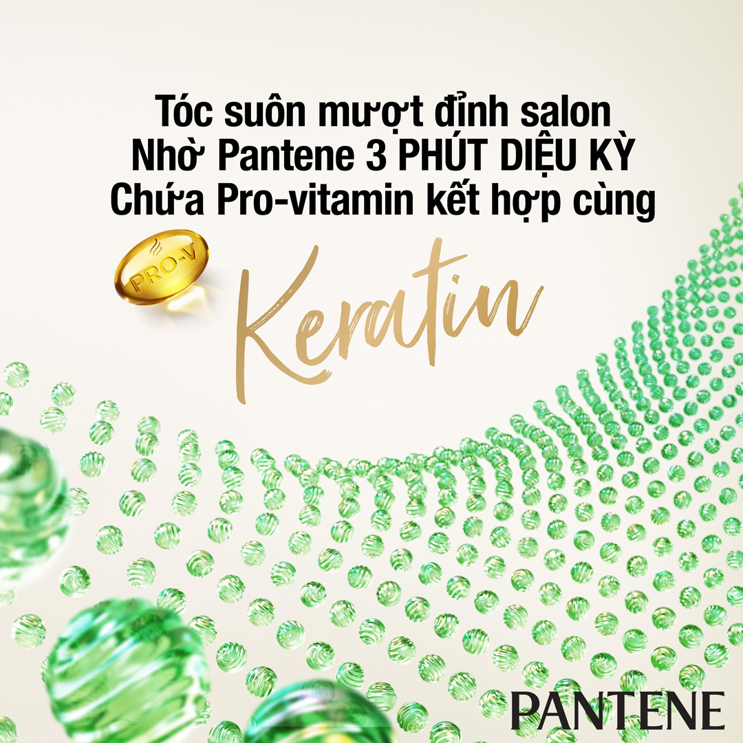 Dầu Xả PANTENE 3 Phút Diệu Kỳ Suôn Mượt Óng Ả chứa Pro-Vitamin kết hợp cùng Keratin giúp tóc suôn mượt đỉnh salon.