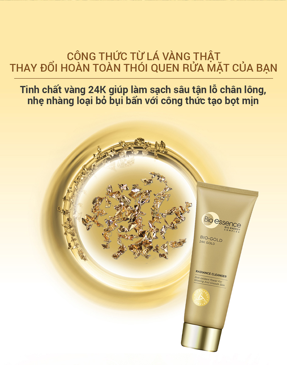 Sữa Rửa Mặt Bio-essence Bio-gold Radiance Cleanser giúp làm sạch tận sâu lỗ chân lông và nhẹ nhàng loại bỏ bụi bẩn