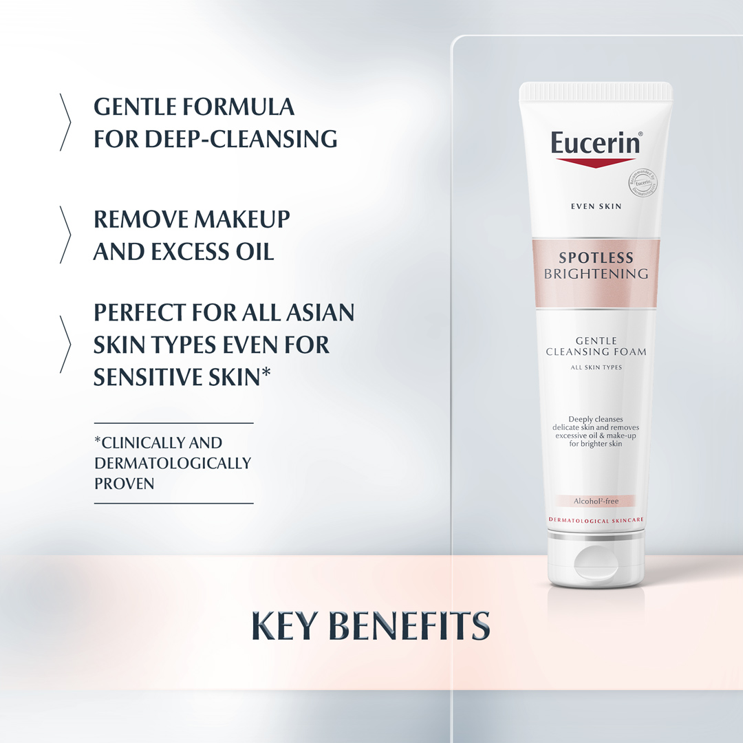 Sữa Rửa Mặt Eucerin Even Skin Spotless Brightening Gentle Cleansing Foam phù hợp cho mọi loại da, kể cả da nhạy cảm.