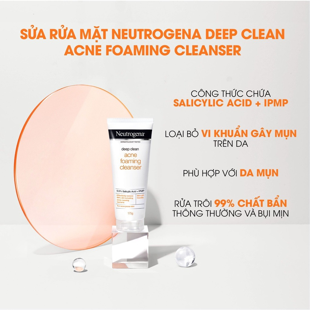 Sữa rửa mặt Neutrogena Deep Clean Acne Foaming Cleanser tạo bọt làm sạch sâu, ngăn ngừa mụn.