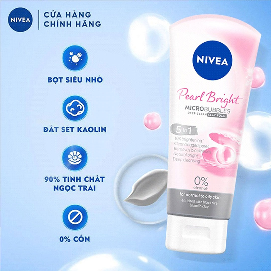 Sữa rửa mặt đất sét giúp sáng da ngọc trai Nivea Pearl Bright Micro Bubbles Deep Clean Clay Foam 5IN1 100g