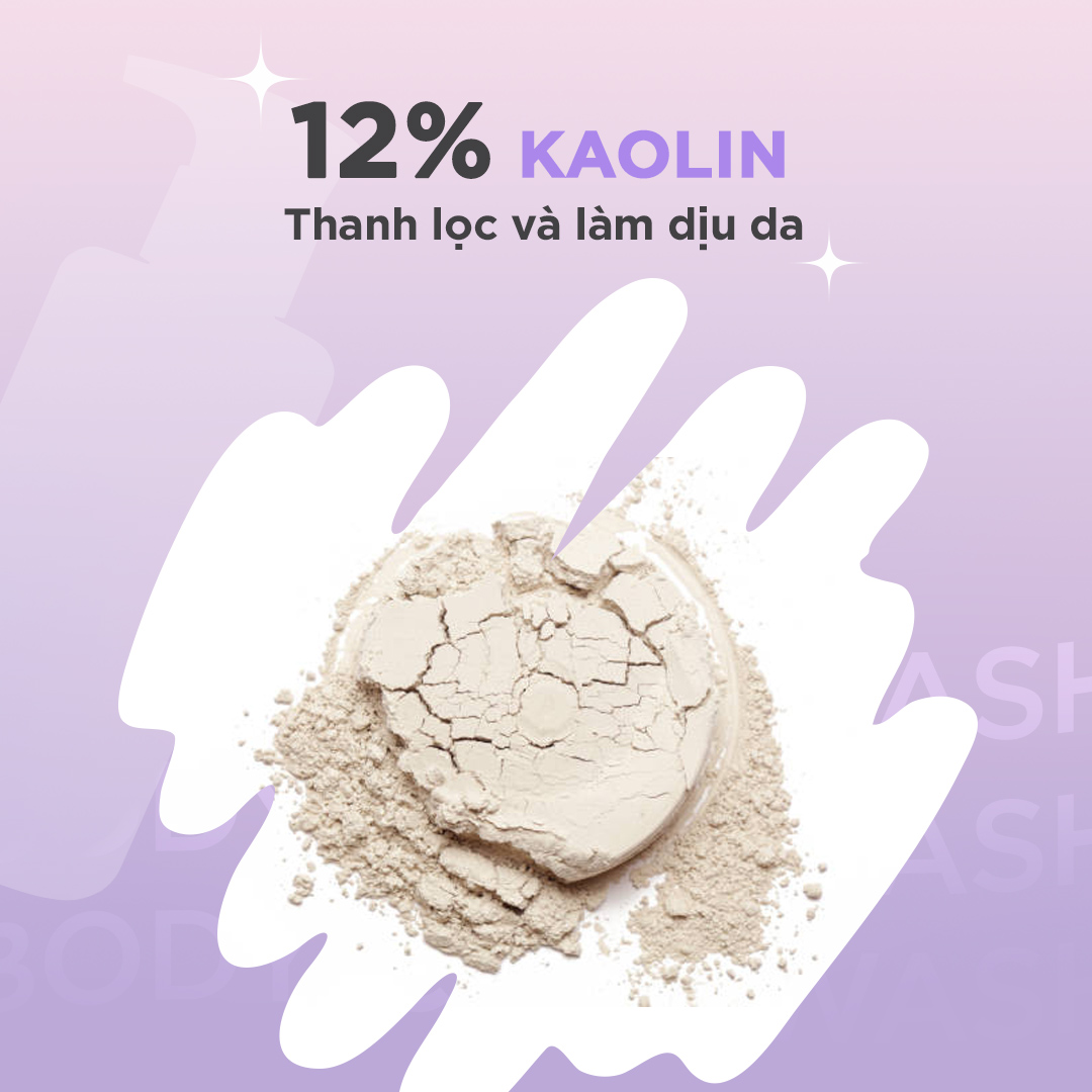 Sữa Tắm Emmié chứa 12% đất sét trắng Kaolin giúp thu nhỏ lỗ chân lông và ngăn ngừa mụn hiệu quả.