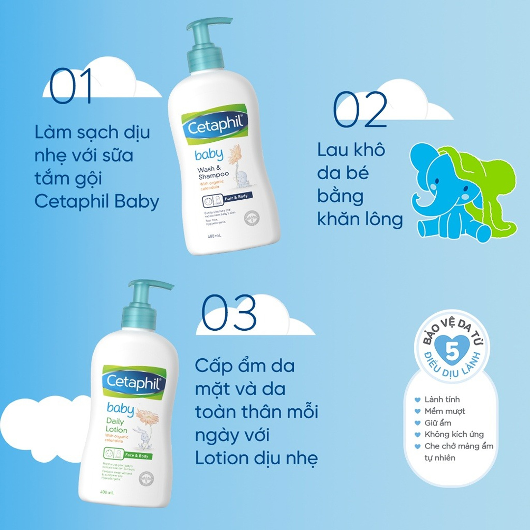Sử dụng Sữa Tắm Gội Cetaphil Baby Wash & Shampoo Calendula hàng ngày để chăm sóc làn da bé tối ưu.