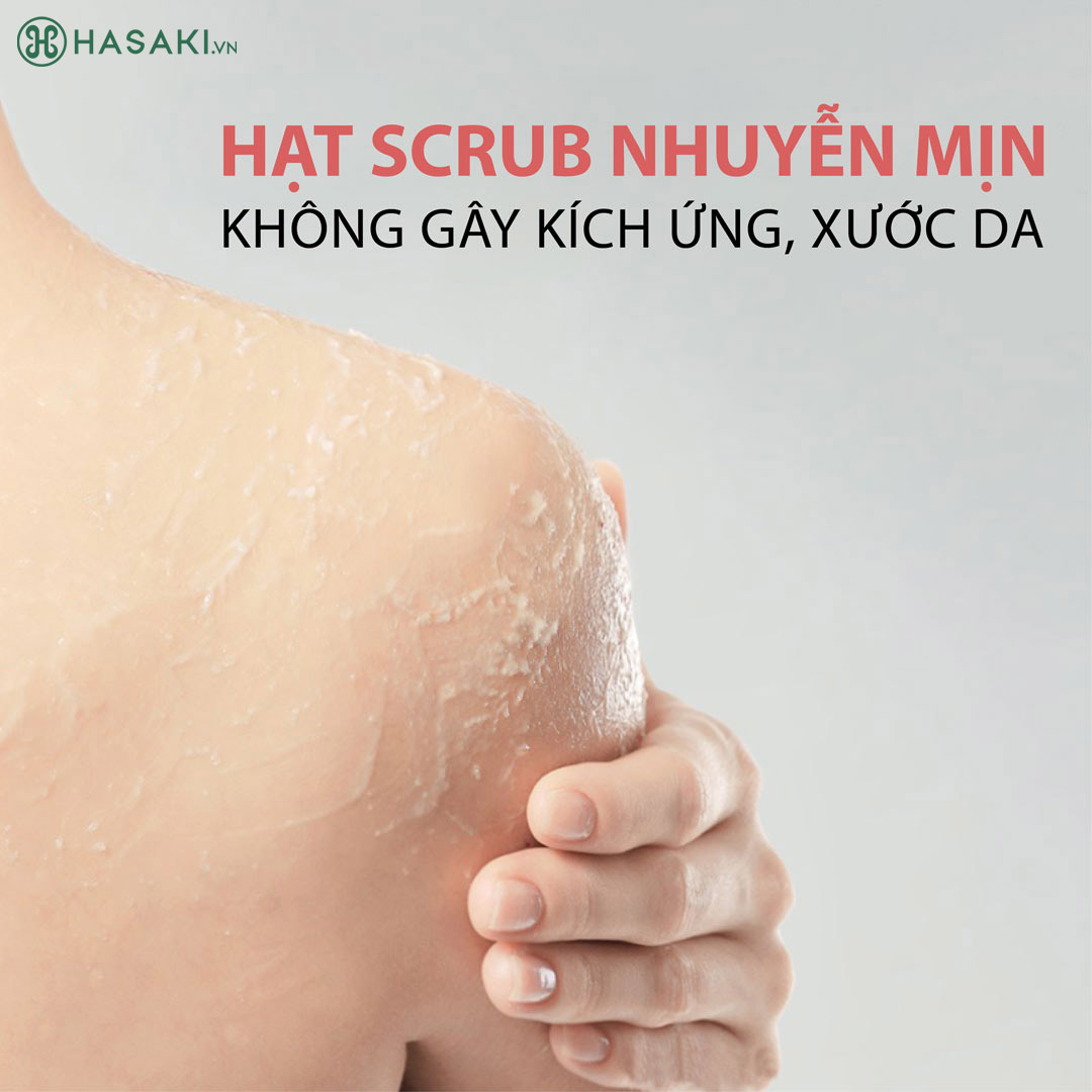 Tẩy Tế Bào Chết Muối Hồng Milaganics với hạt scrub nhuyễn mịn, không gây kích ứng, trầy xước da.