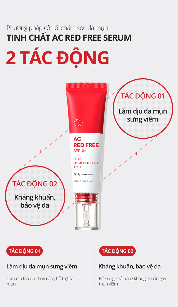 Tinh Chất Ngăn Ngừa Mụn Đỏ B.O.M AC Red Free Serum với 2 tác động chính: làm dịu da mụn sưng viêm và kháng khuẩn, bảo vệ da.