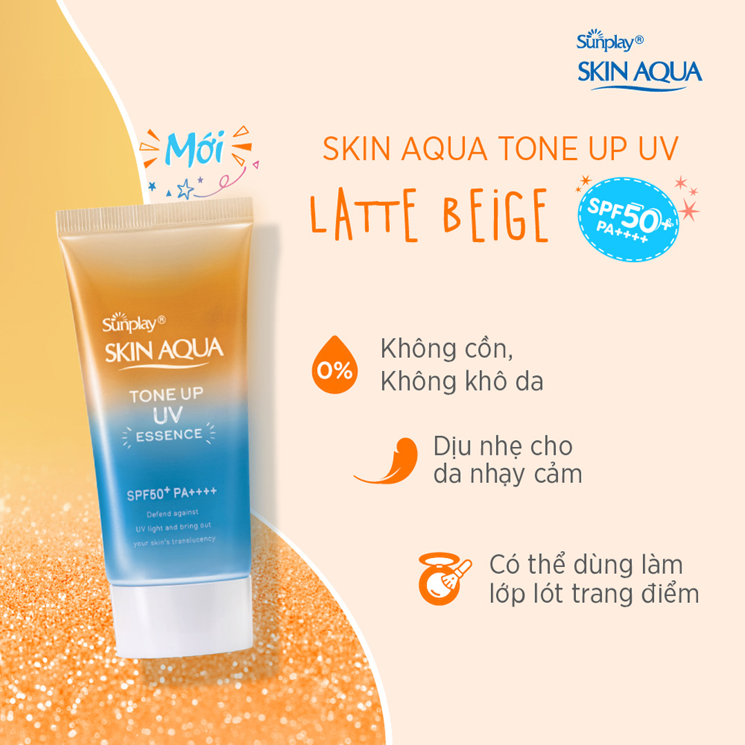 Tinh Chất Chống Nắng Sunplay Skin Aqua Tone Up UV Essence Latte Beige SPF50+ PA++++ giúp hiệu chỉnh da trong mướt, đều màu.