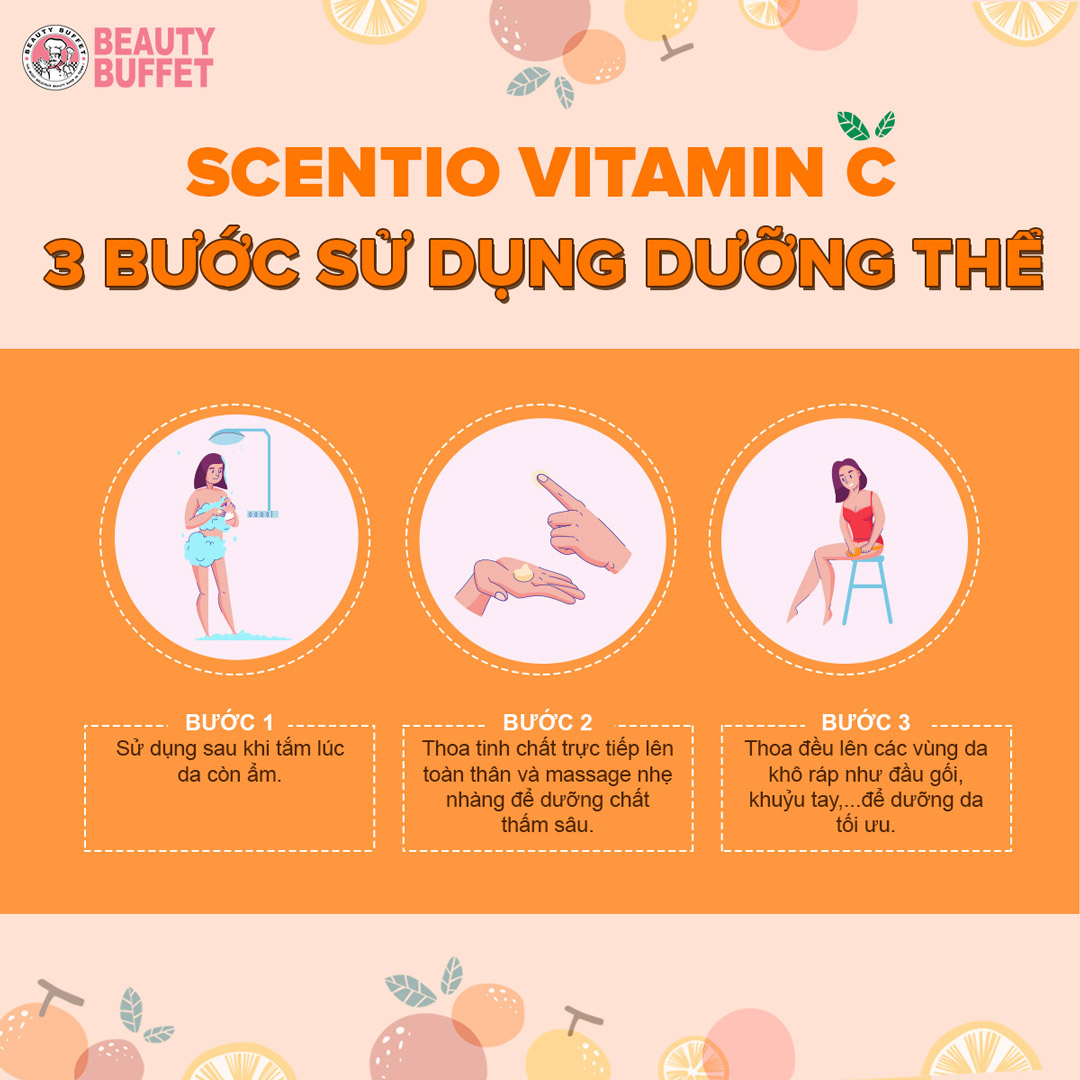 3 bước sử dụng Tinh chất dưỡng thể Beauty Buffet Scentio Vitamin C After Bath Body Essence