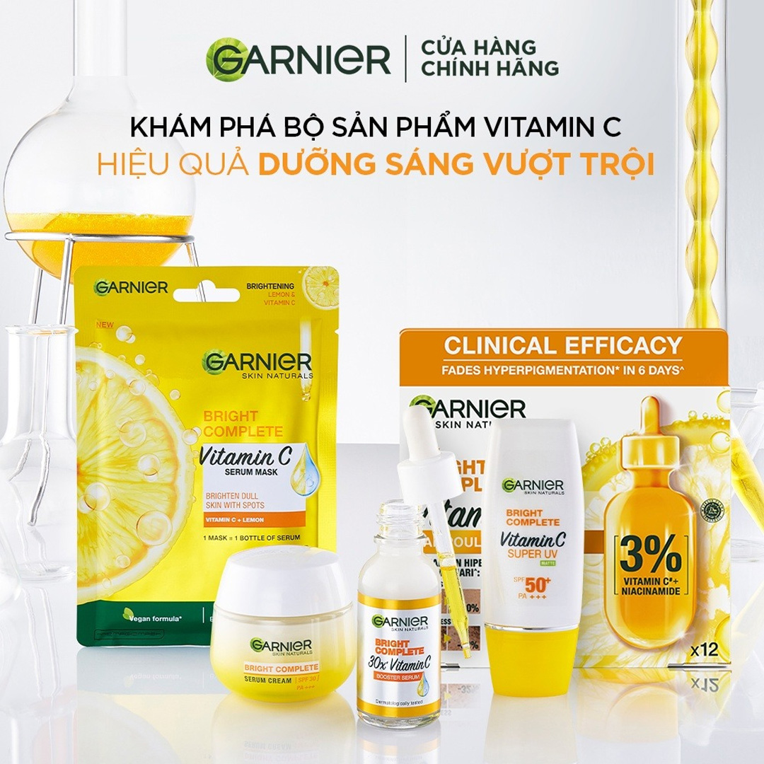 Sử dụng trọn bộ sản phẩm Garnier Vitamin C để mang lại hiệu quả dưỡng sáng da vượt trội.