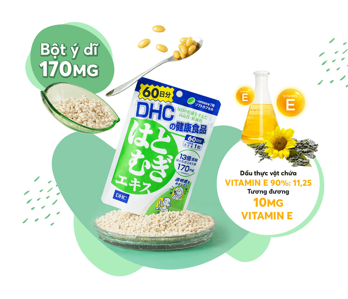 Viên Uống Sáng Da DHC có thành phần chính là bột Ý Dĩ & Vitamin E.
