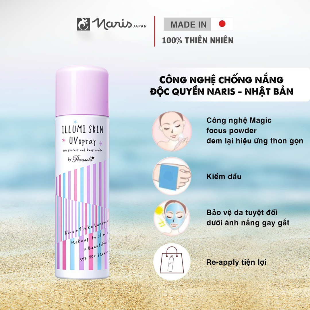 Xịt Chống Nắng Naris Illumi Skin UV Spray SPF50+/PA++++ 80g ứng dụng công nghệ chống nắng độc quyền Naris - Nhật Bản.