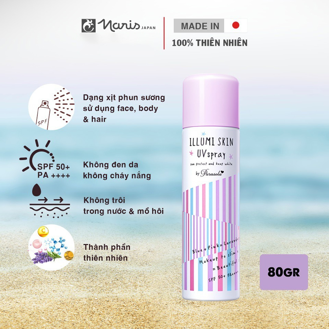 Xịt Chống Nắng Naris Illumi Skin UV Spray SPF50+/PA++++ 80g dạng xịt phun sương tiện lợi, có thể sử dụng cho da mặt, cơ thể và tóc.