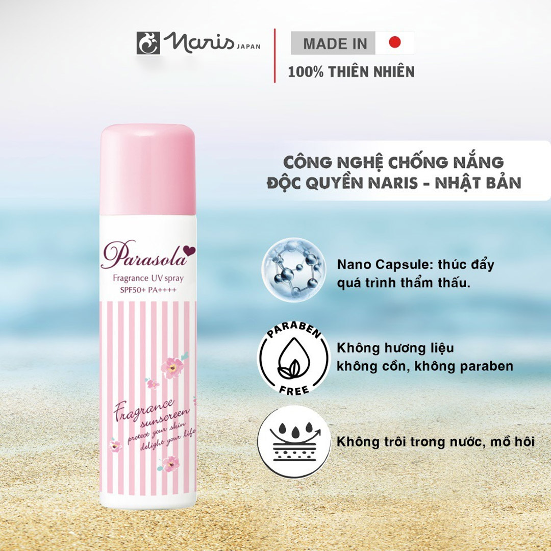 Xịt Chống Nắng Naris Parasola Fragrance UV Cut Spray SPF50+ PA+++ chống nắng công nghệ độc quyền Nhật Bản giúp bảo vệ tối ưu cho da mặt, tóc và toàn thân.
